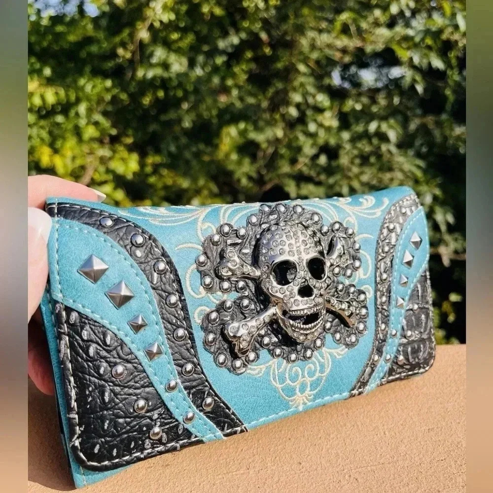 Turquoise Rhinestone Skull Concealed Carry Handbag and Wallet Set Handmade NWT - Picture 12 of 14